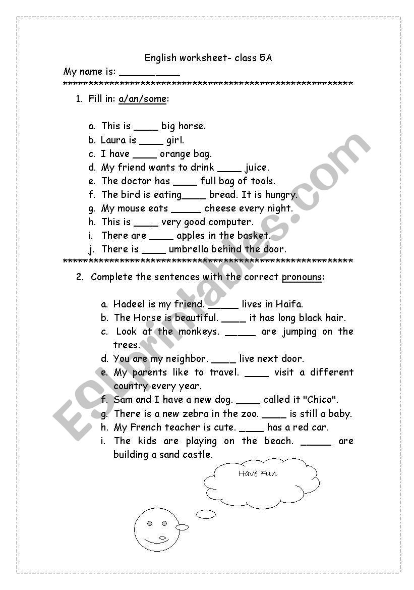 a, an, some, pronouns worksheet