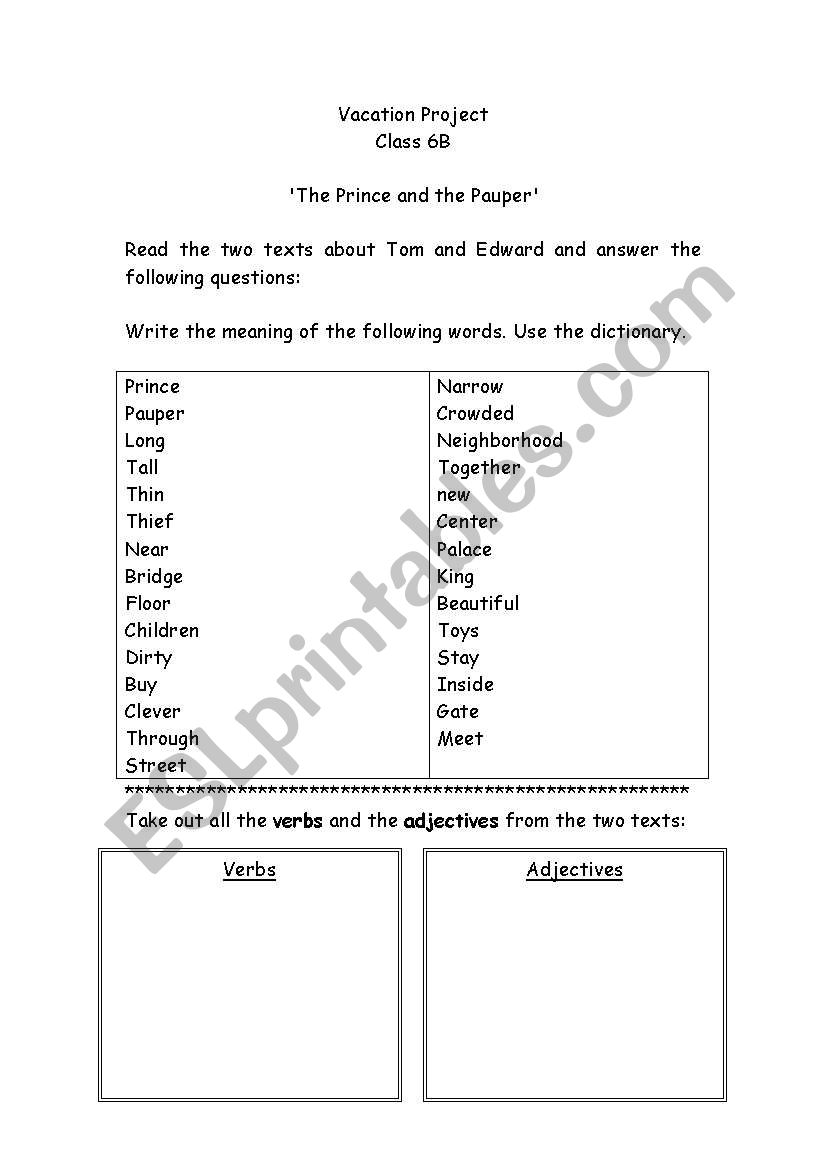 The Prince and the Pauper worksheet