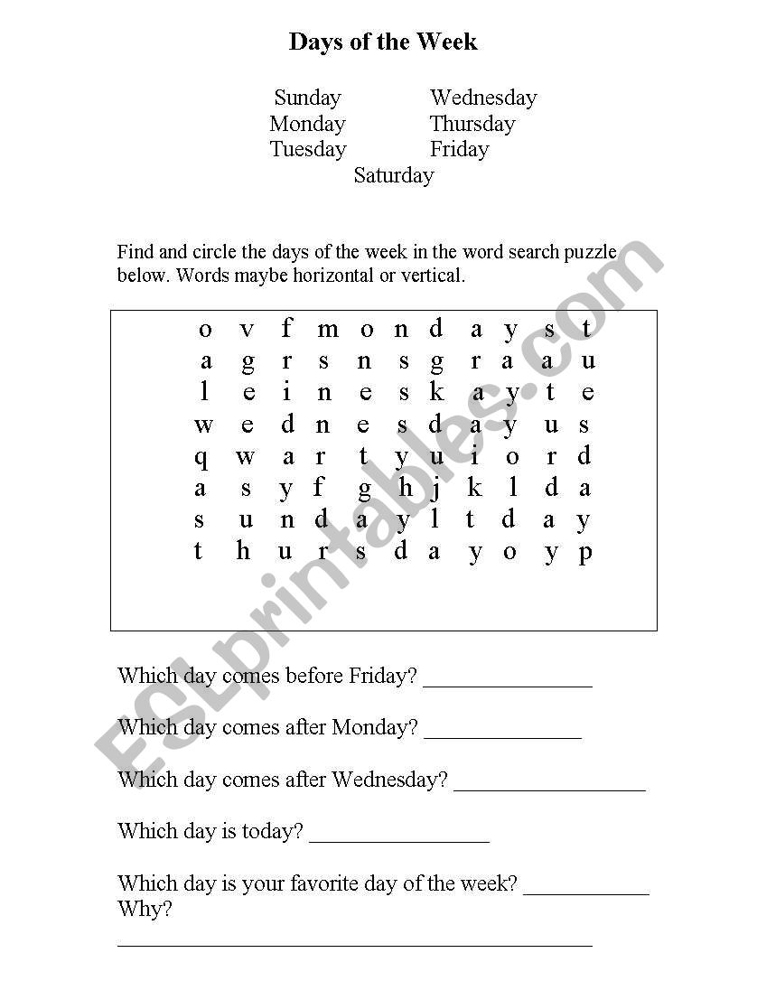 Days of the week worksheet