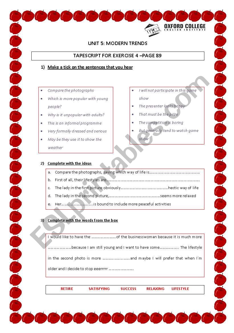 UPSTREAM UPPER INTERMEDIATE- UNIT 5- EX 4- PAGE 89 STS BOOK