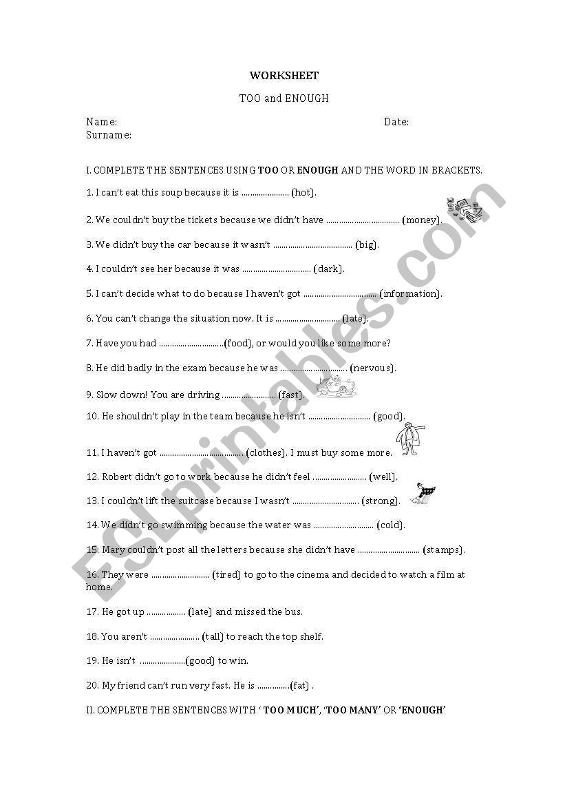 Too -Enough worksheet