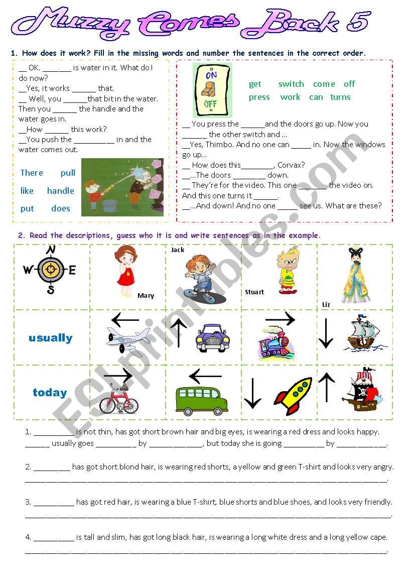 Muzzy Comes Back 5  - 2 pages-5 exercises