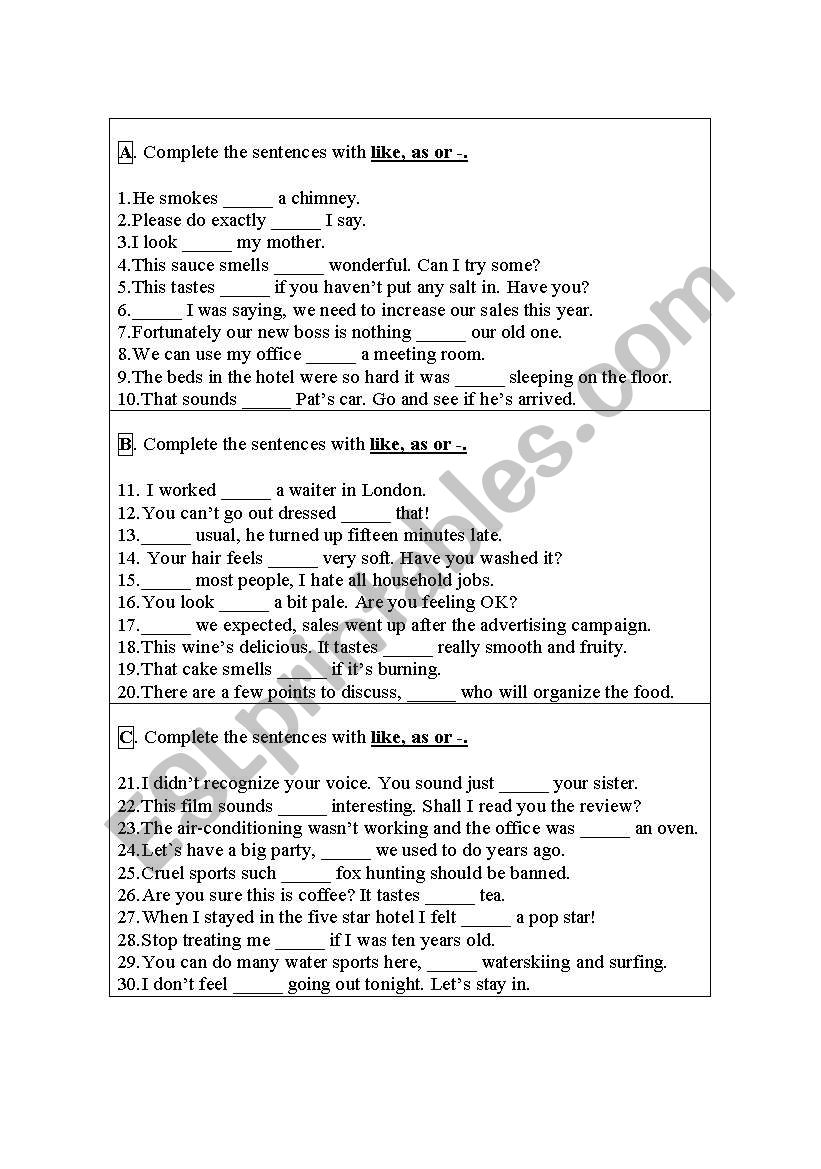 as or like worksheet