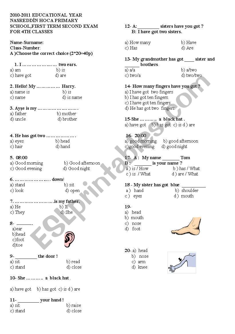 exam for 4th grades worksheet