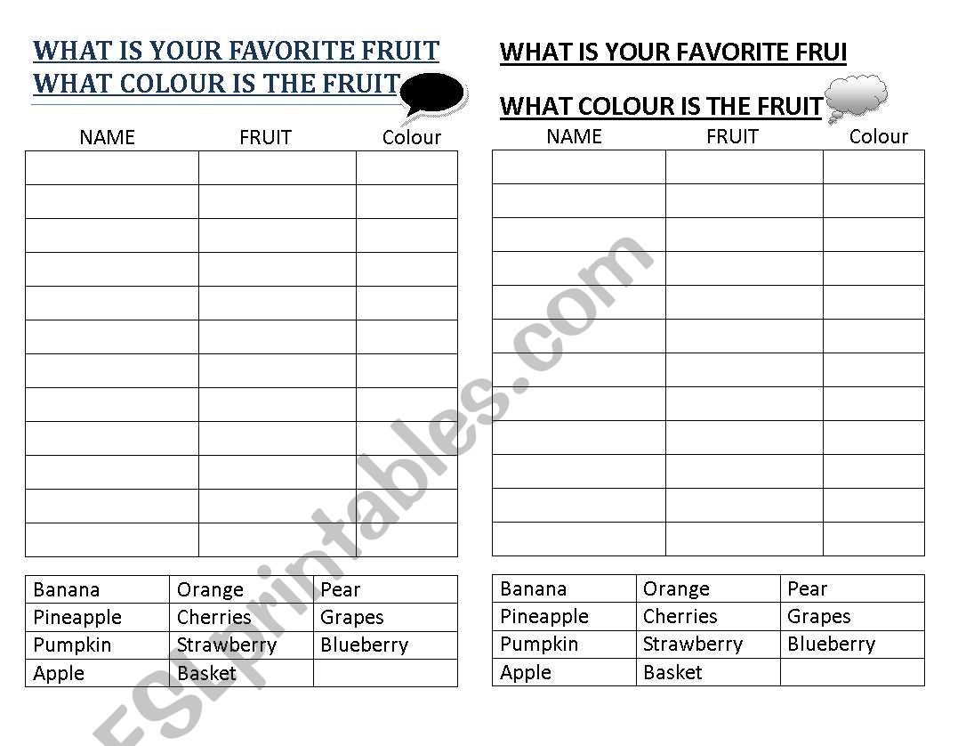 WHAT IS YOUR FAVORITE FRUIT worksheet