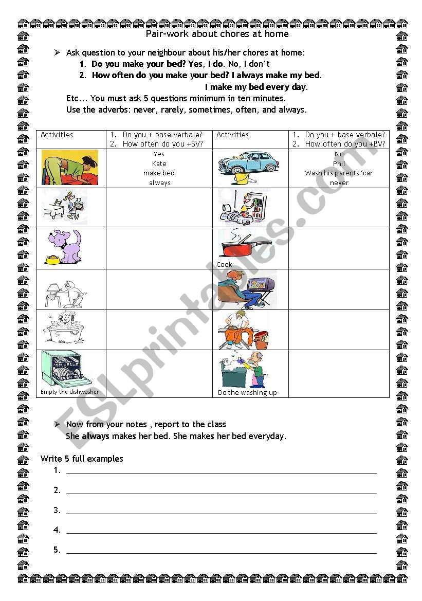 pairwork about chores worksheet