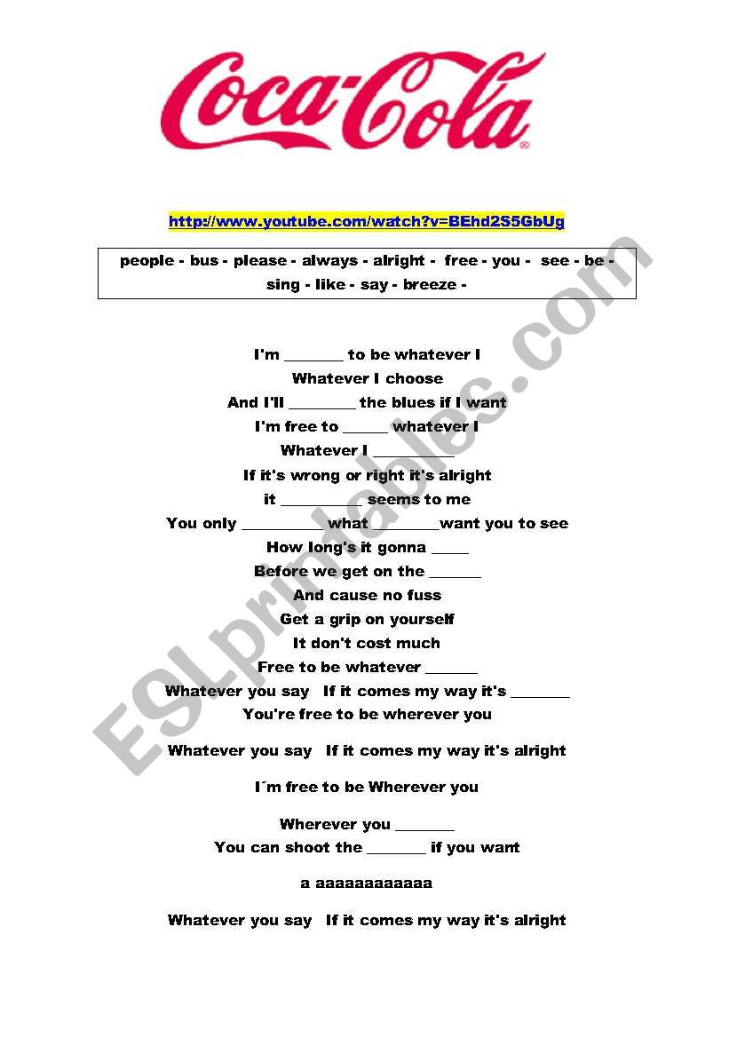 coke song to fill in  worksheet
