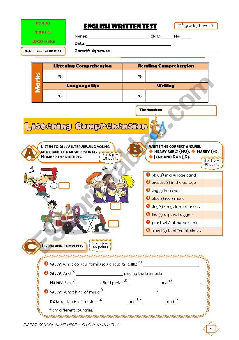 Music (test) 1 of 2 worksheet