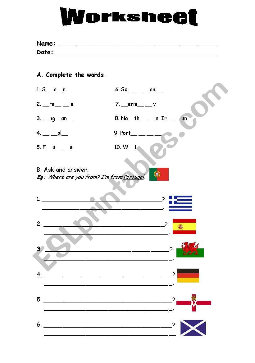 Countries worksheet