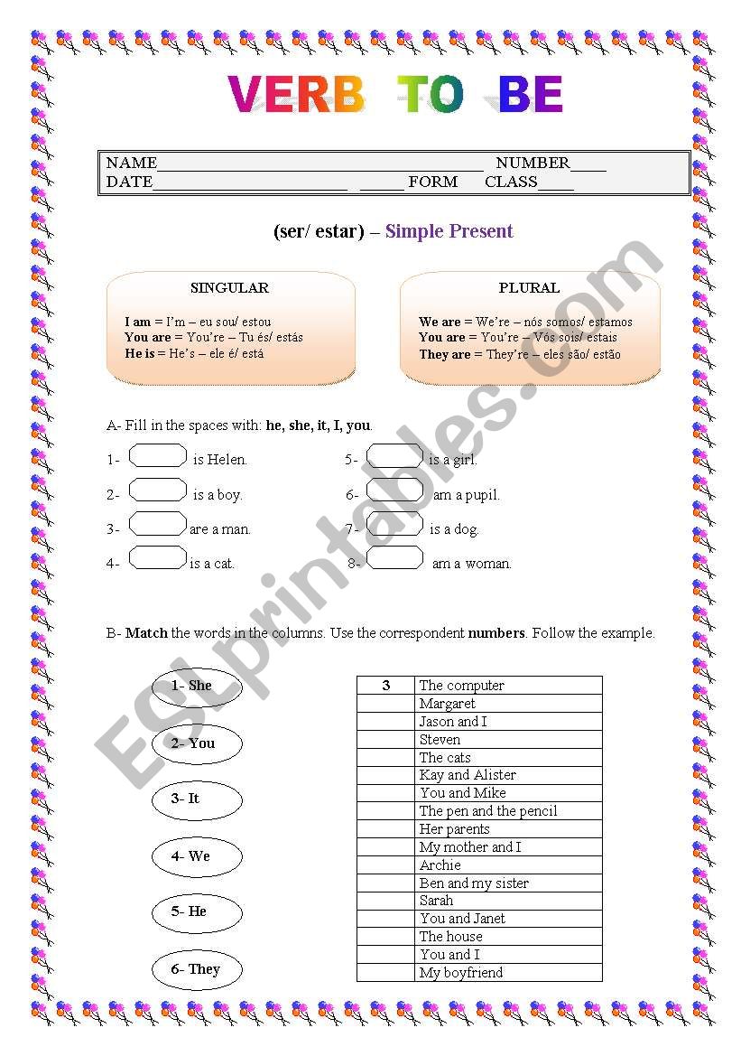 Verb To Be, Simple present worksheet