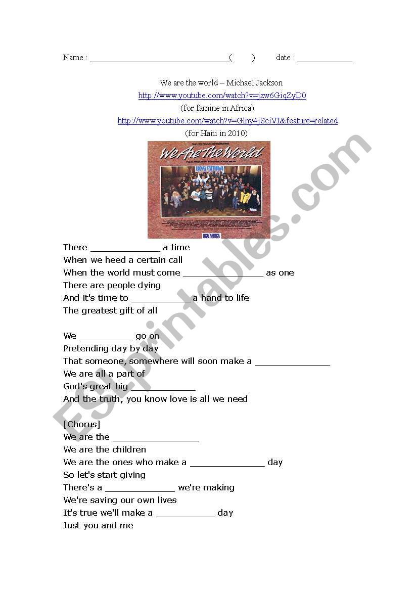 We are the world by Michael Jackson worksheet