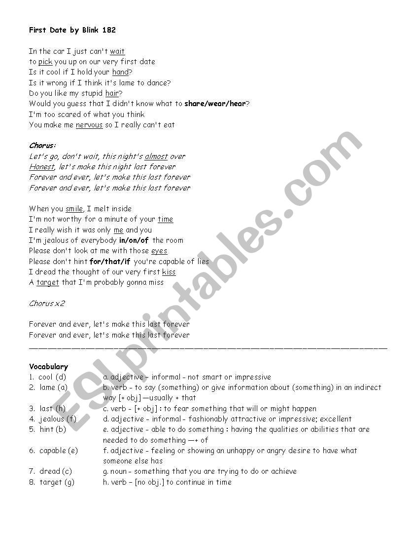 First Date by Blink 182 worksheet