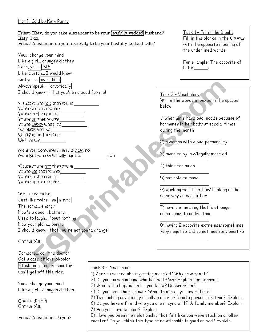Hot N Cold by Katy Perry worksheet