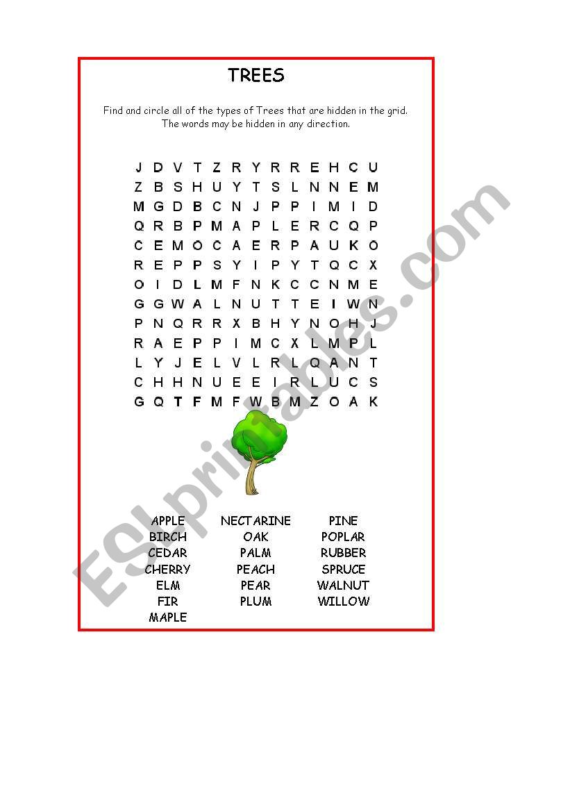 tree wordsearch worksheet