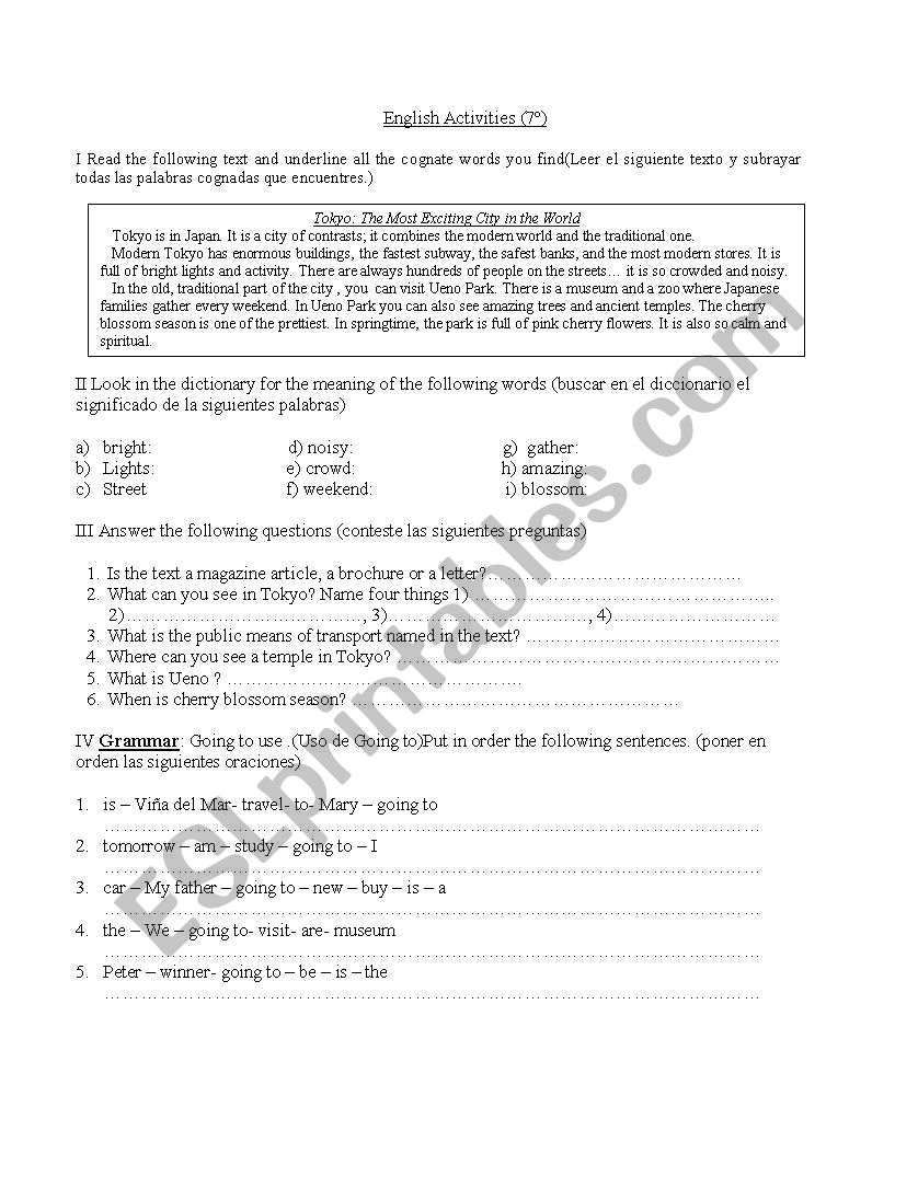 Visiting Tokyo worksheet