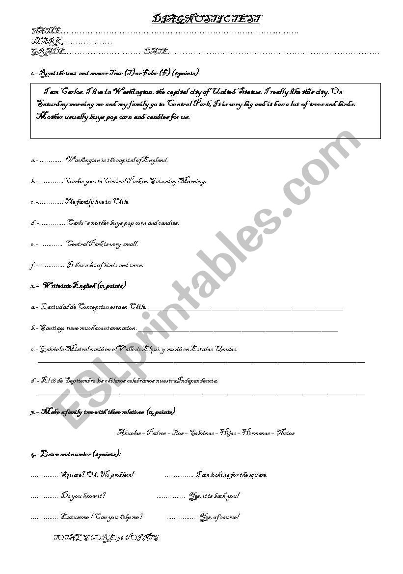 diagnostic test worksheet