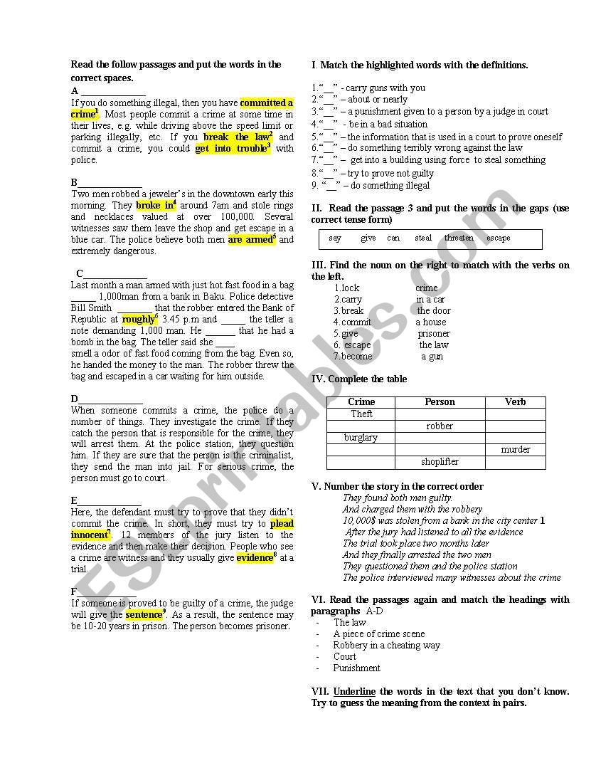 Crime and Law worksheet