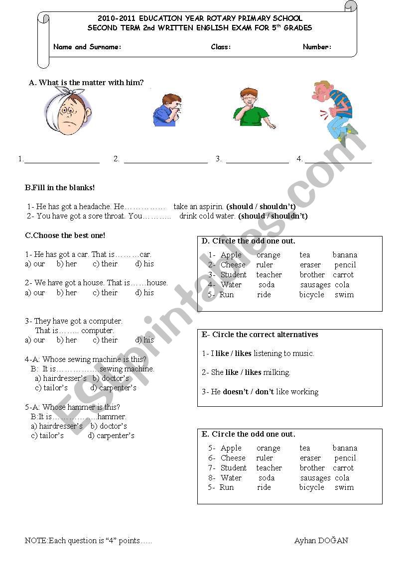 2nd term 2nd english exam for the 5th grade