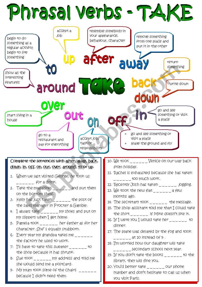 Phrasal verbs - TAKE (B&W + KEY included) REUPLOADED