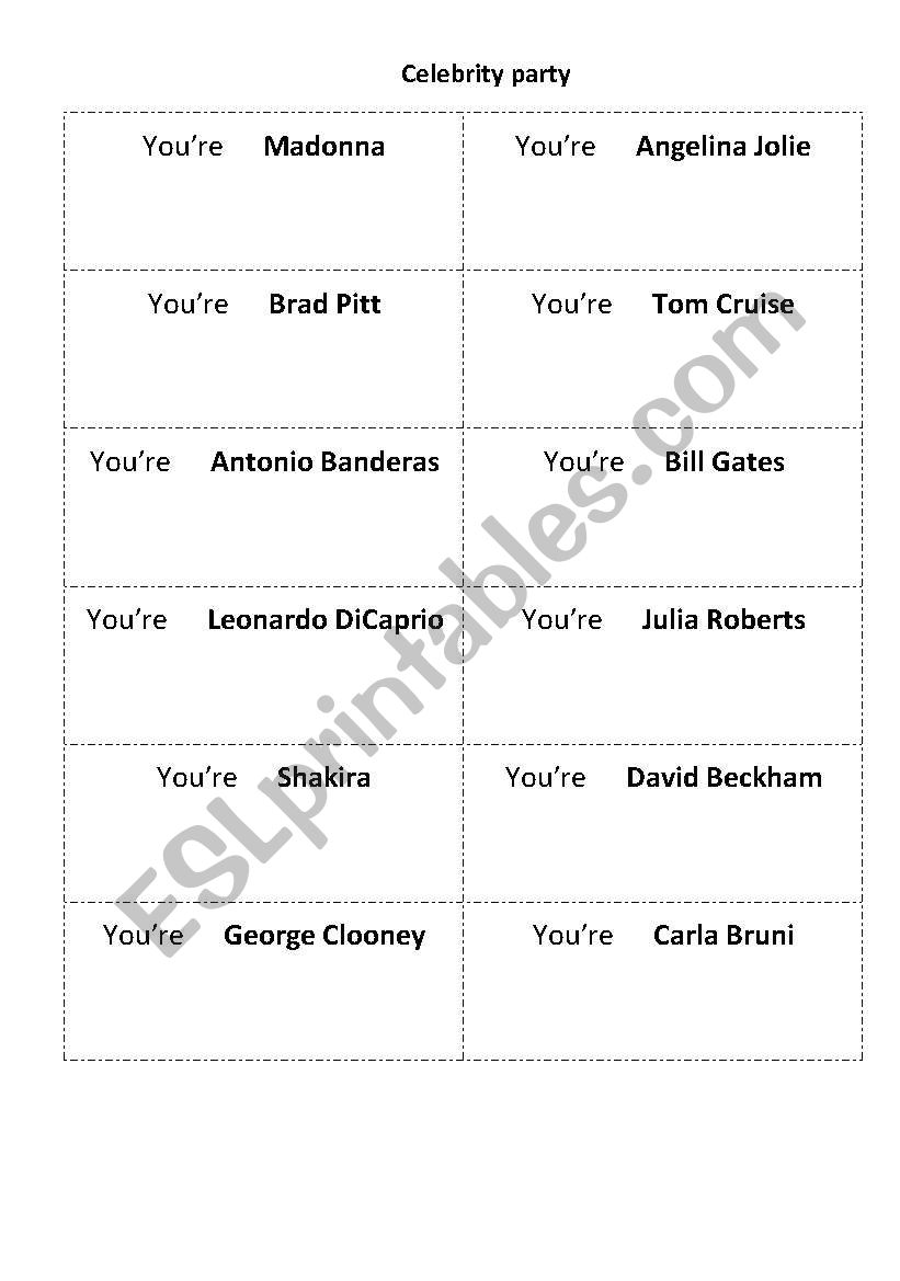 Celebrity Party worksheet