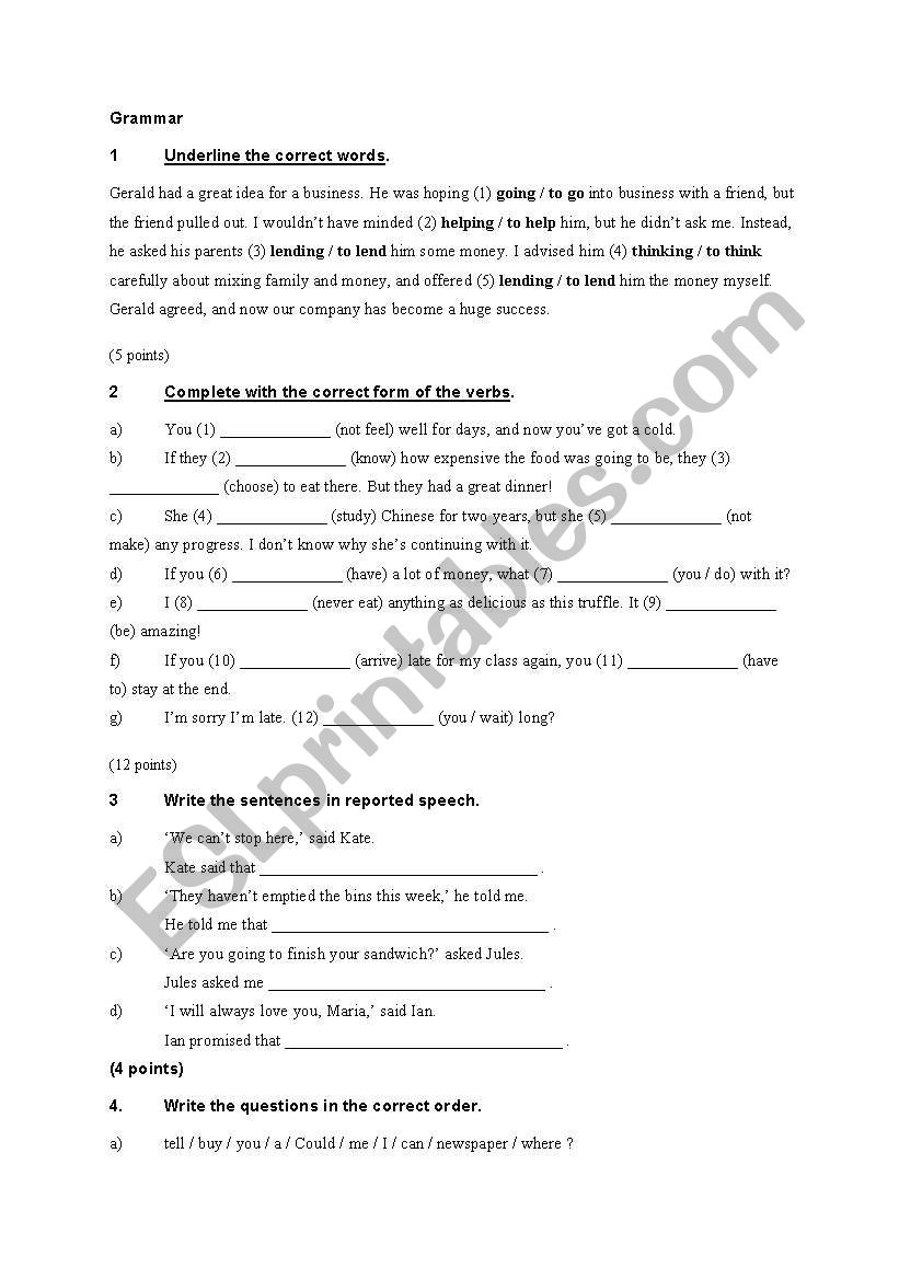 Upper-intermediate test worksheet