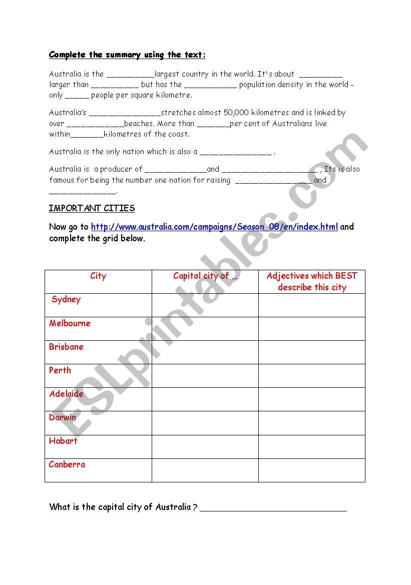 AUSTRALIA A WEBQUEST PART 3 worksheet