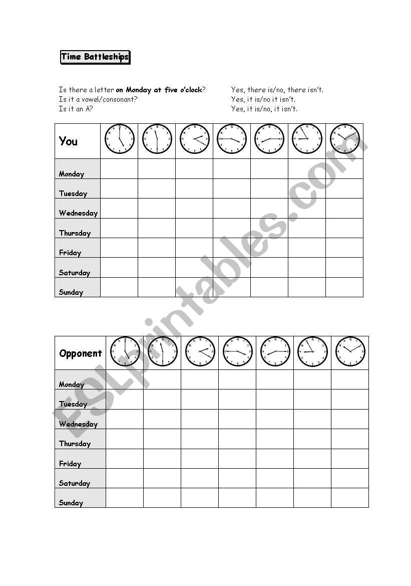 Time Battleships worksheet