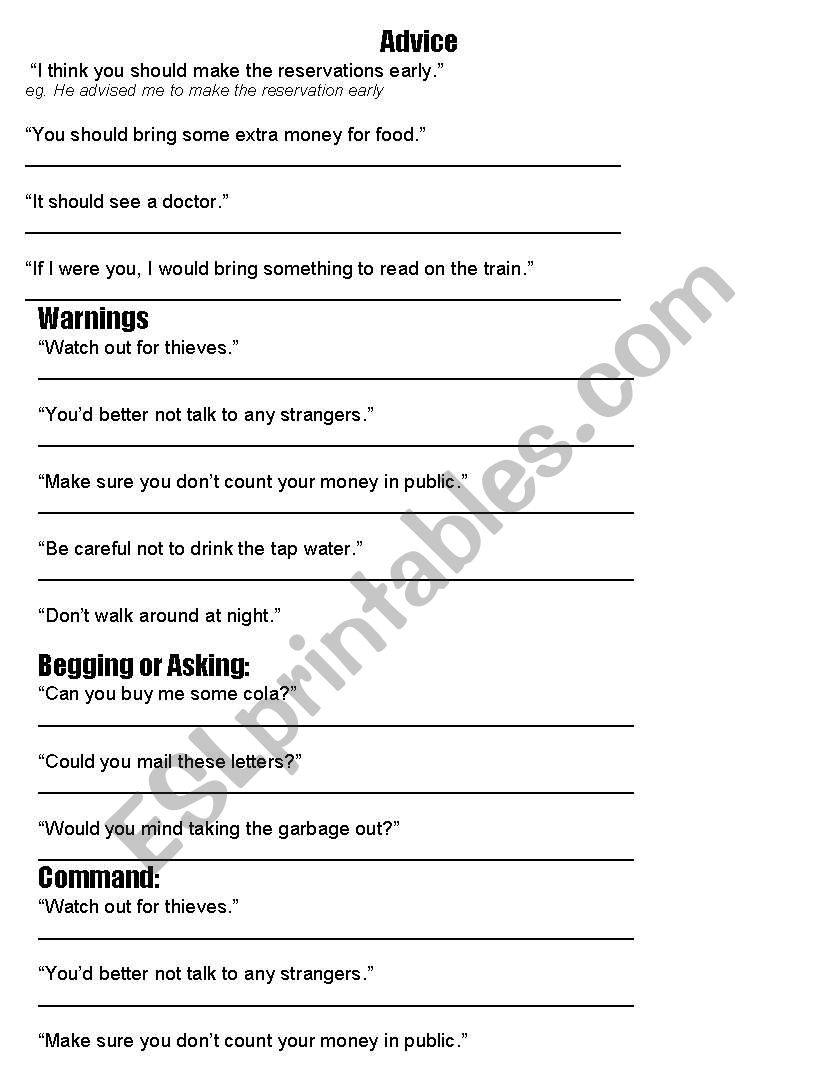 reporting verbs, ask, order, warn, beg, advise