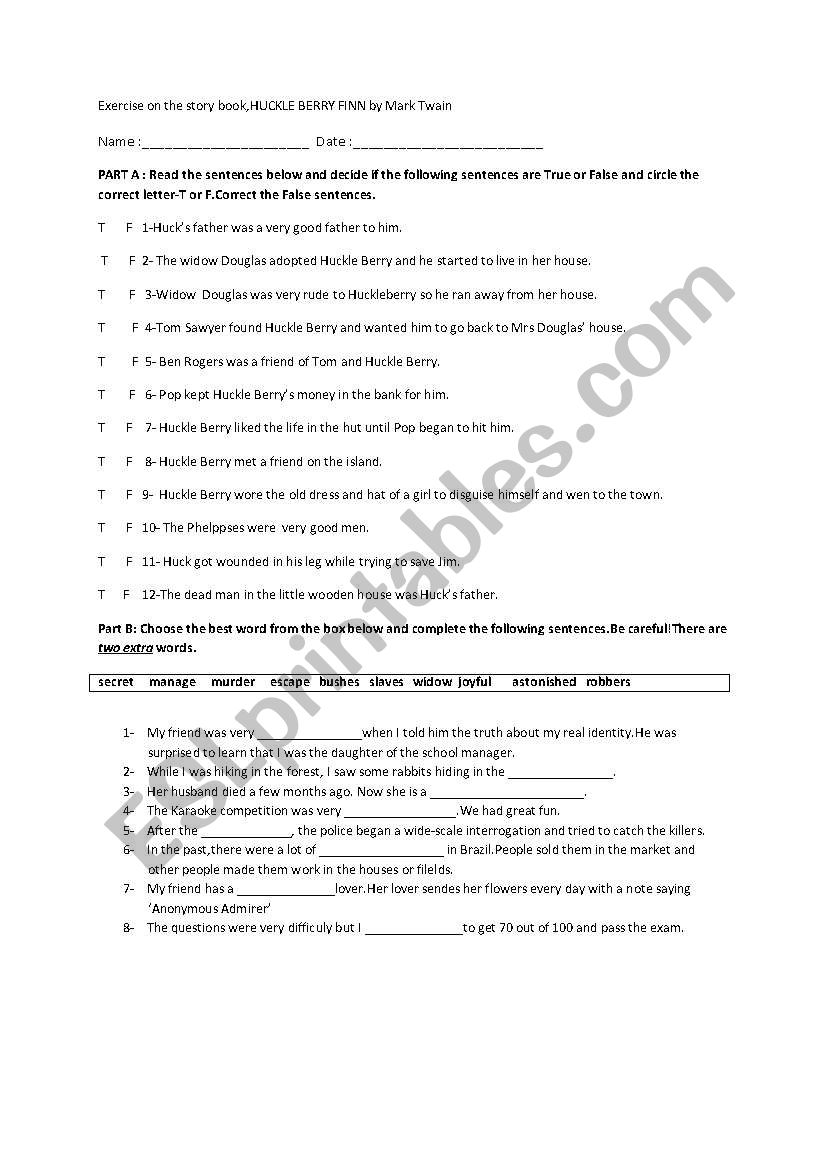 huckleberry worksheet