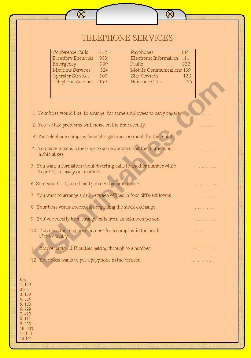 Telephone Services worksheet