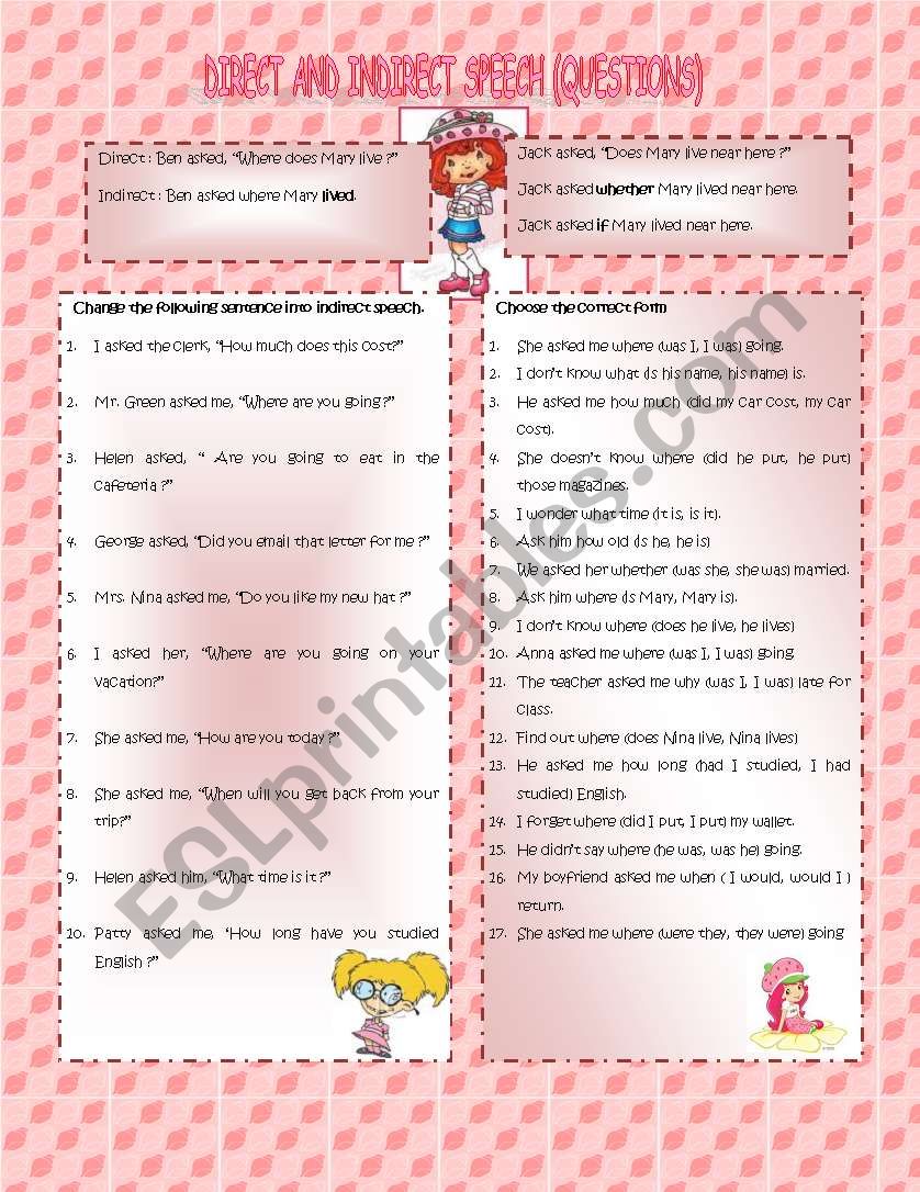 Indirect Speech (questions) worksheet