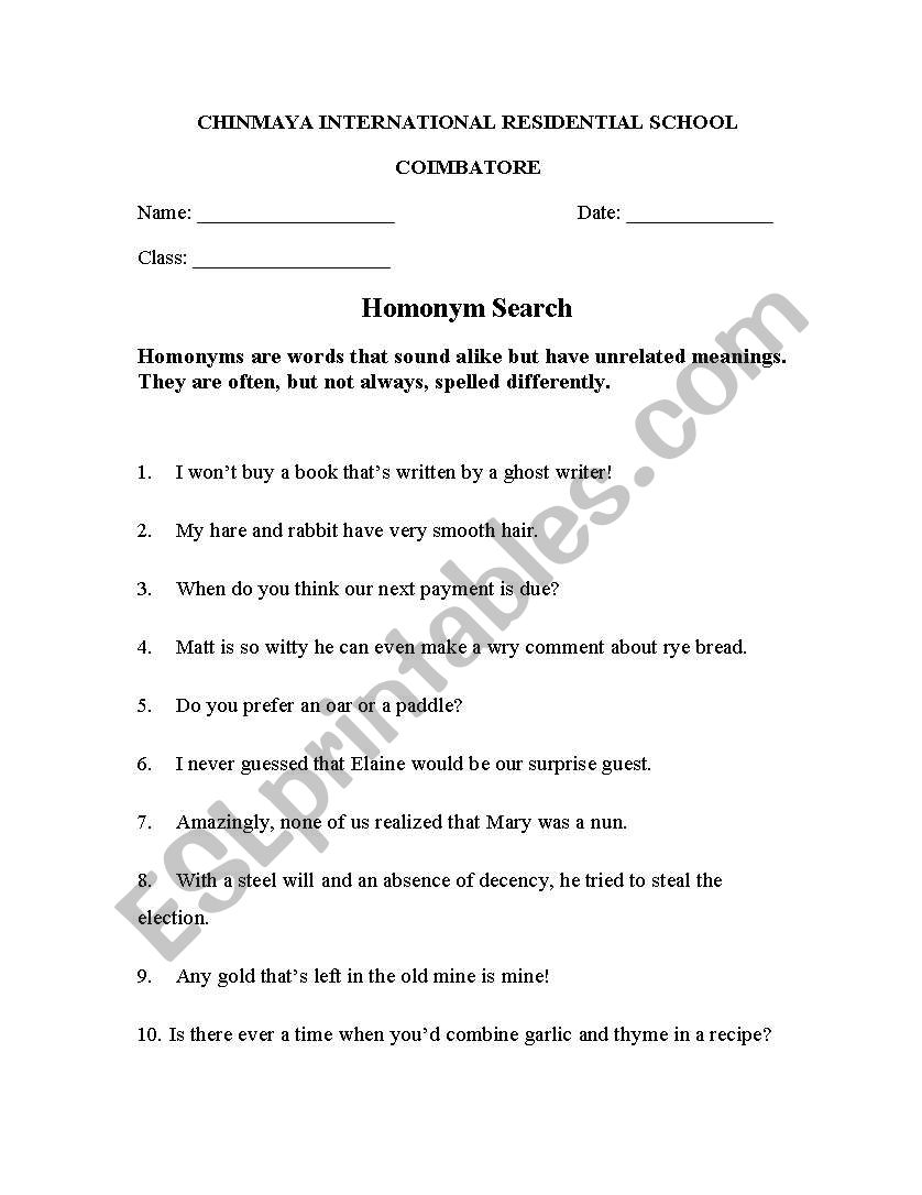 Homonyms worksheet