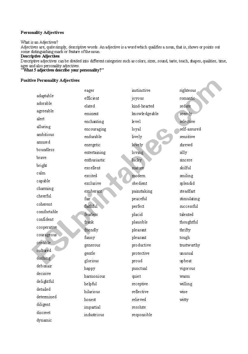 Personality, Positive & Negative Adjectives