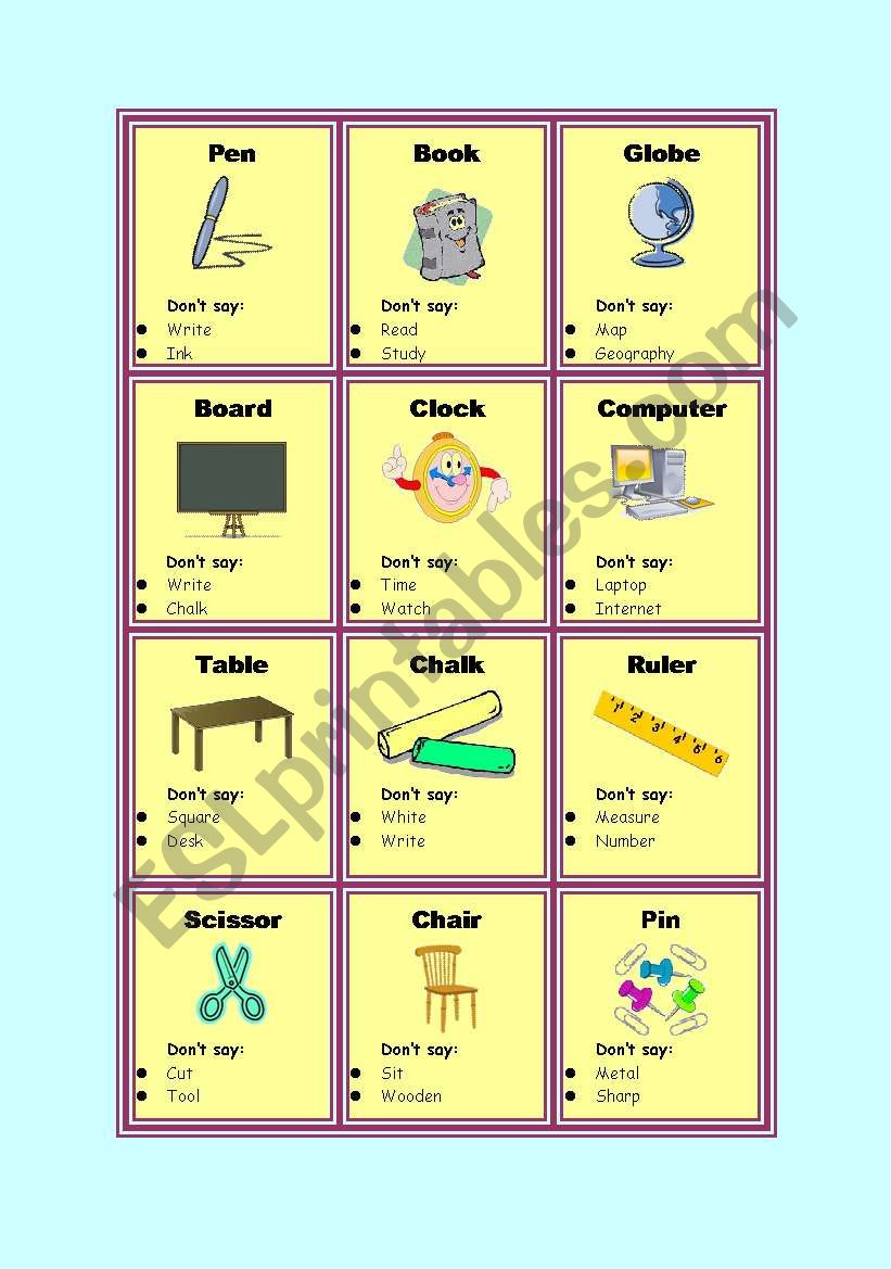 Taboo cards - Classroom objects