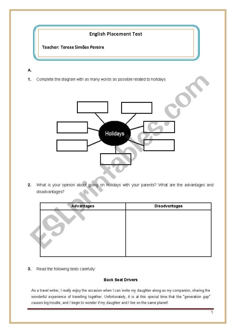 English Placement Test worksheet