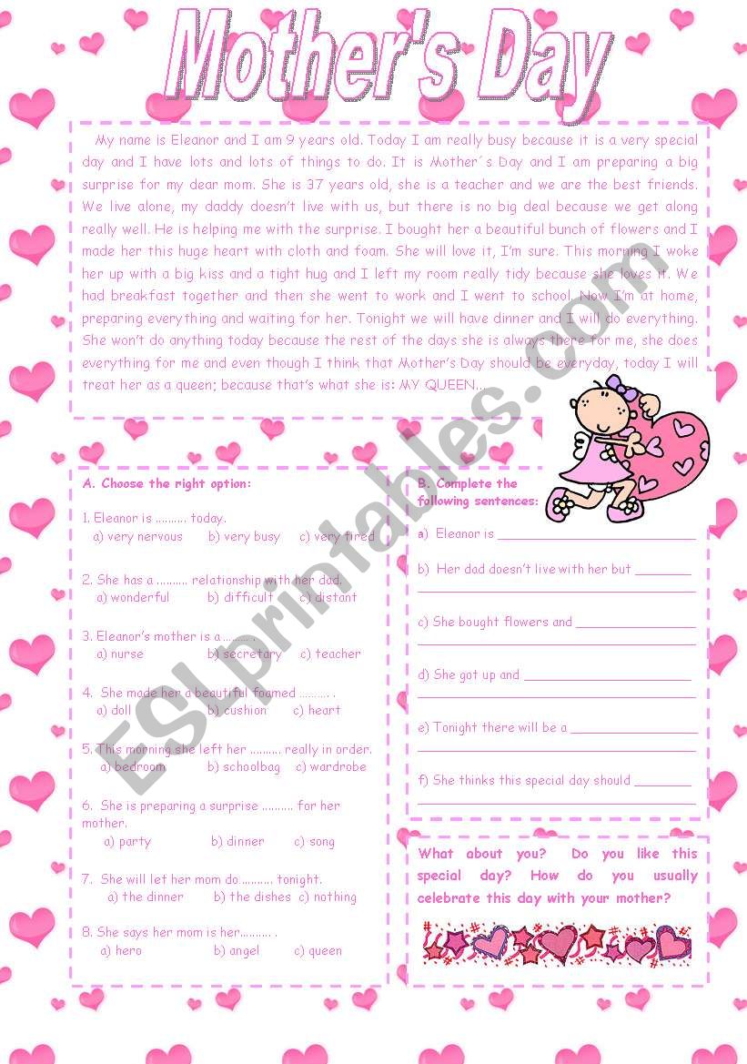 Mothers Day text worksheet
