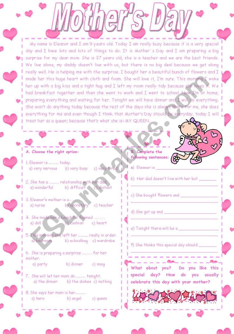 MotherÂ´s Day text worksheet