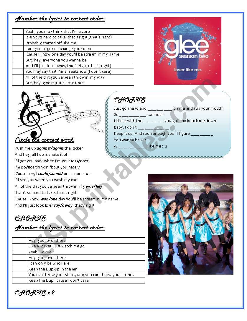 Loser Like Me from GLEE worksheet