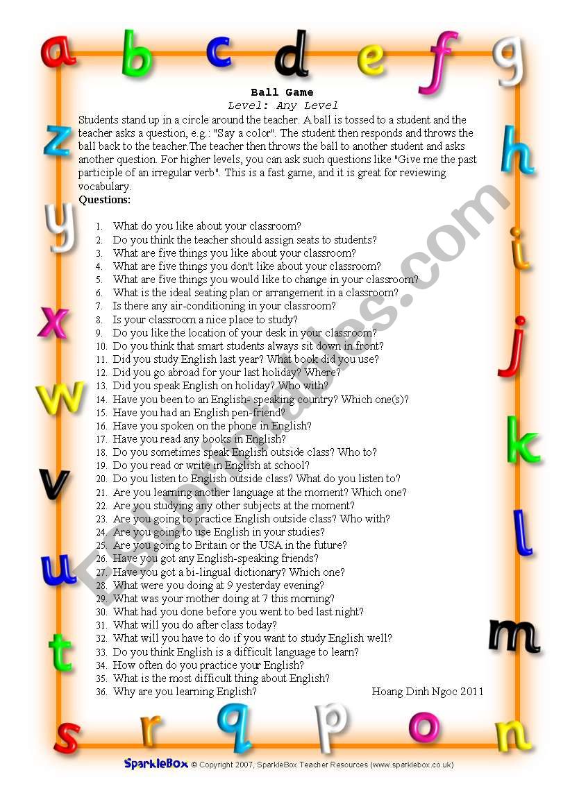 Ball Game - To practice making questions or Tenses