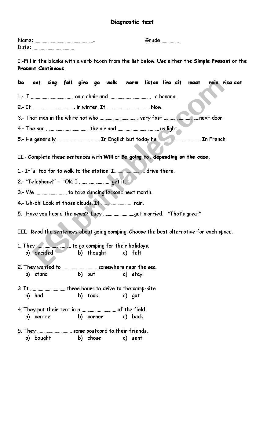 diagnostic test worksheet