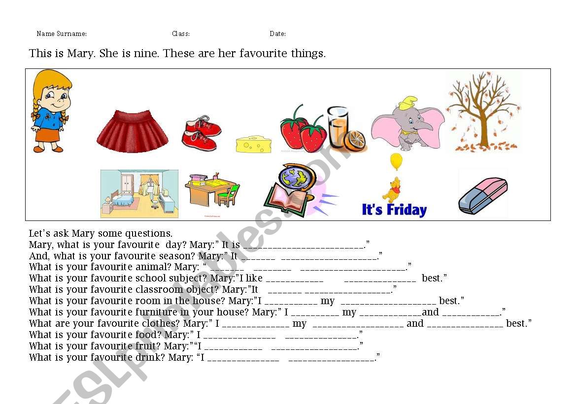 Favourte things worksheet