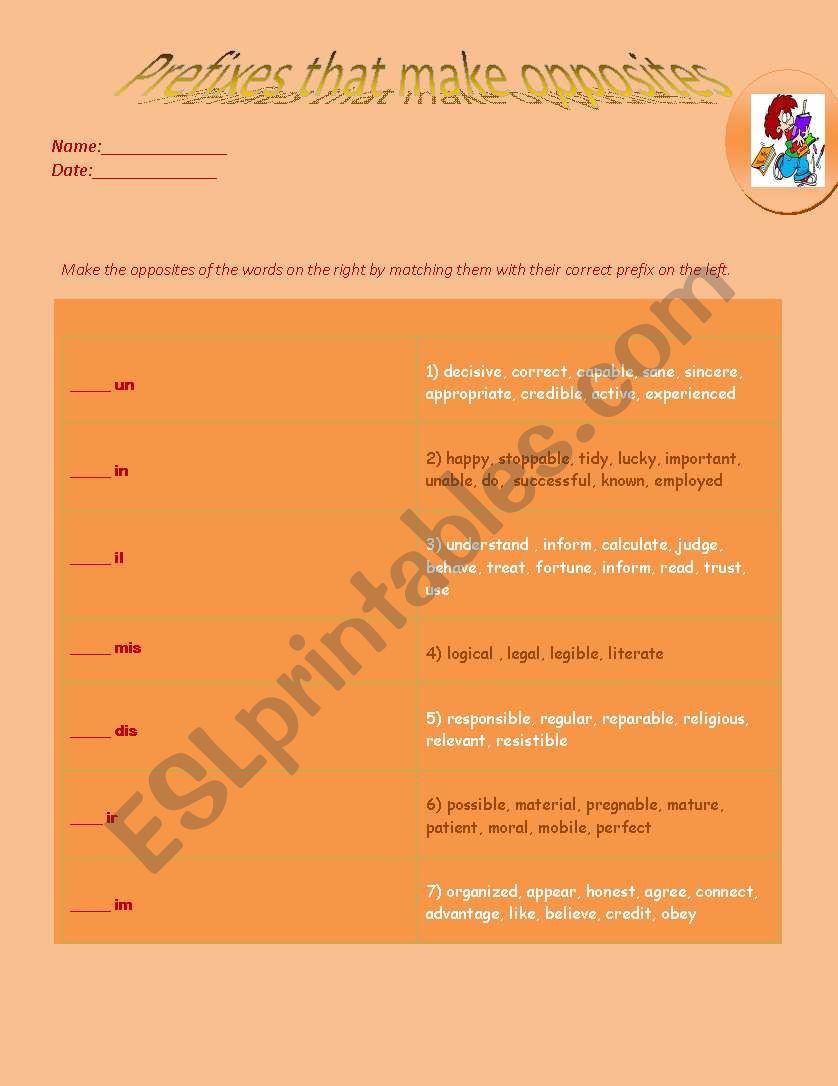 Prefixes - opposites worksheet