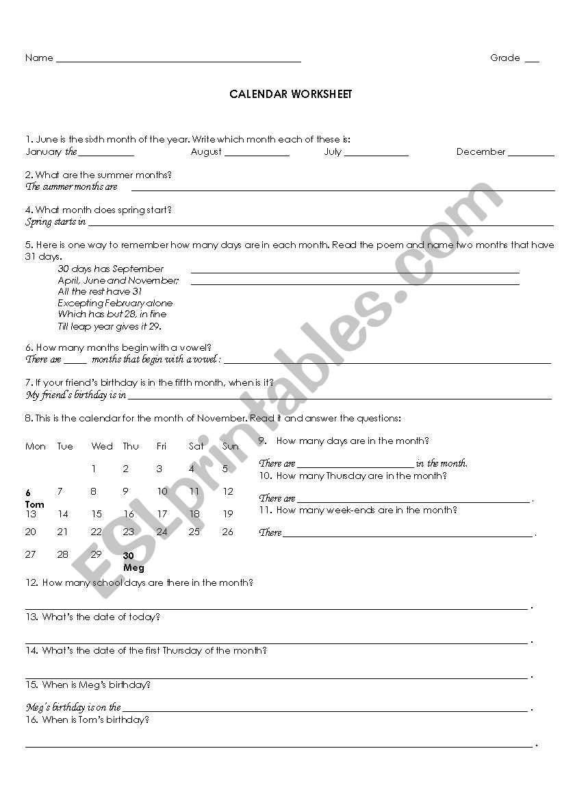 Calendar Worksheet worksheet