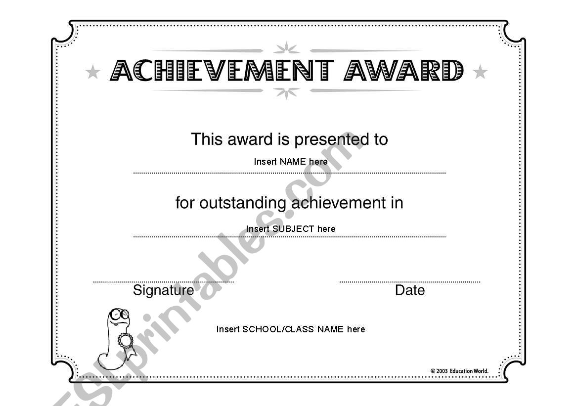Achievement award worksheet