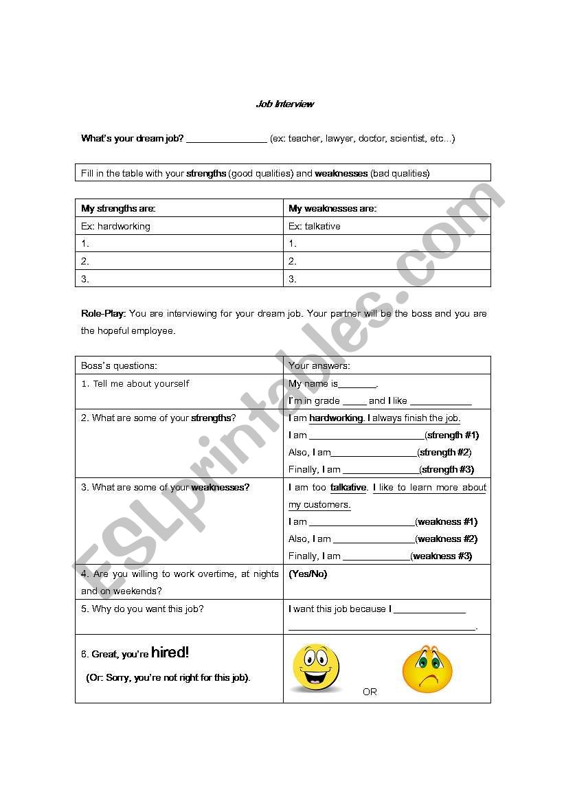 job interview sheet worksheet