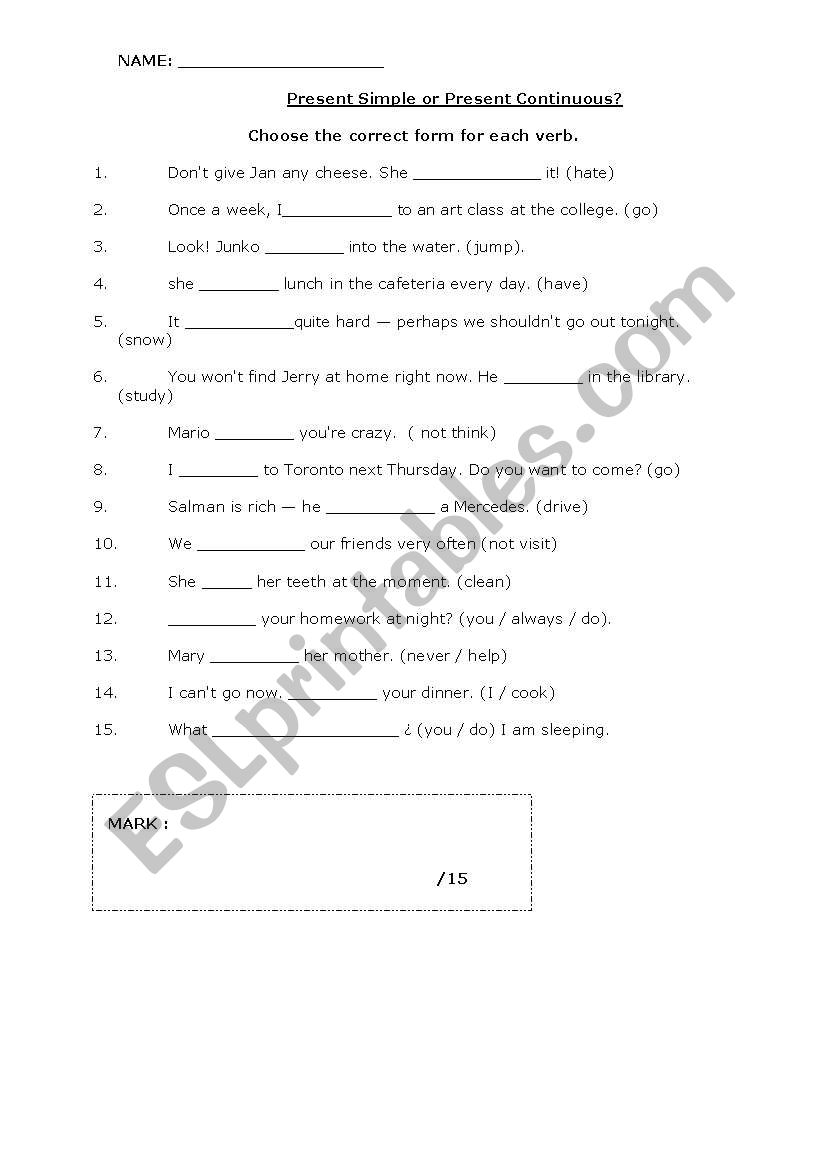 Present Simple and continuous worksheet