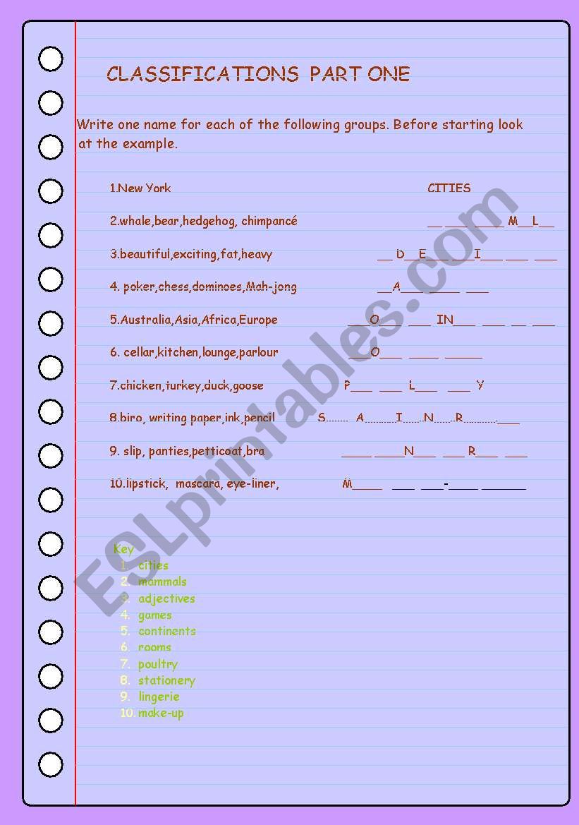 classifications part one worksheet