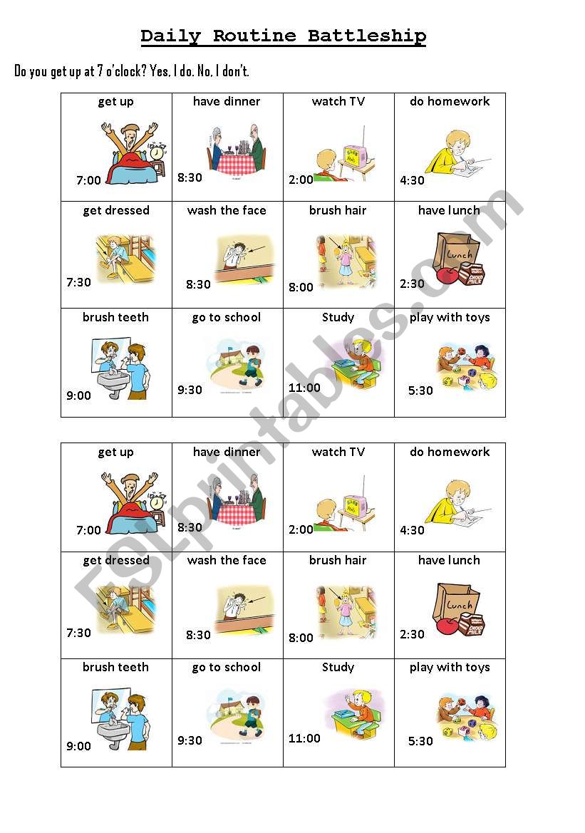 Daily Routine Battleship worksheet