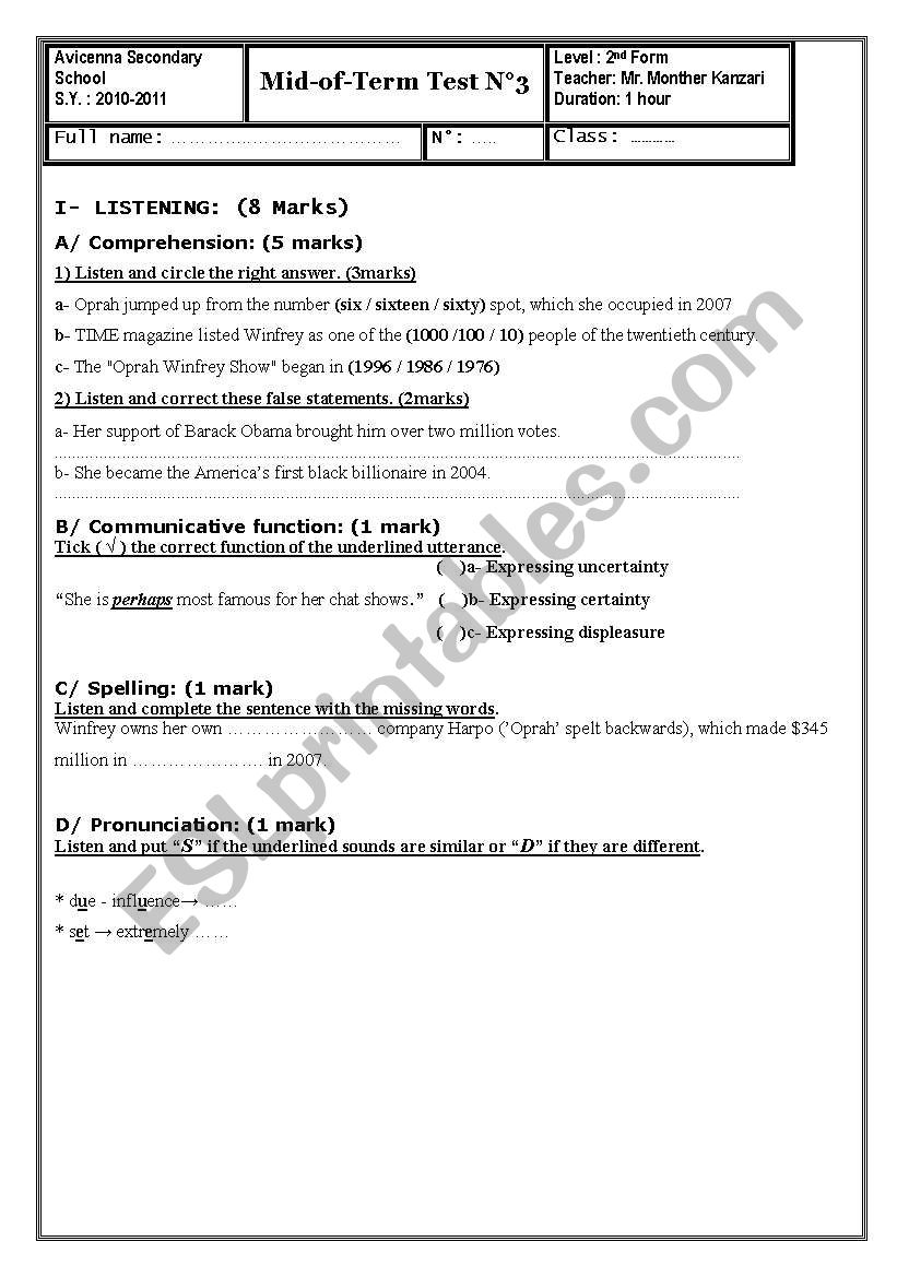 Mid of Term Test N3 (2nd form secondary Tunisa)