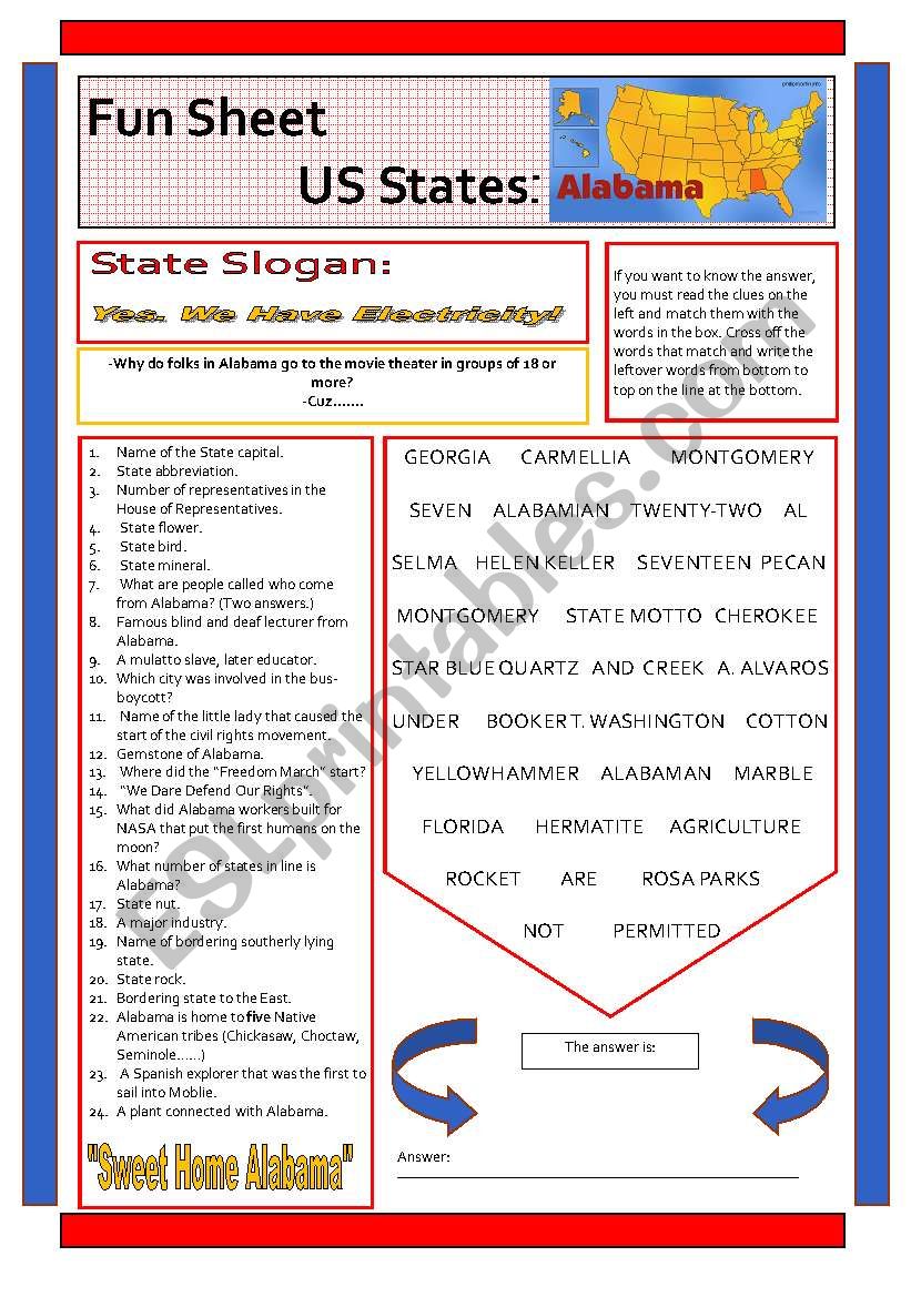 FUN SHEET US STATES -ALABAMA worksheet